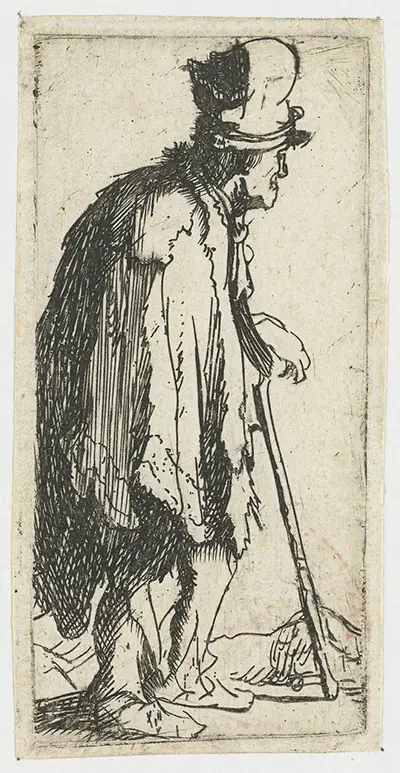 Bettler mit einer verkrüppelten Hand, die sich auf einen Stock stützt Rembrandt